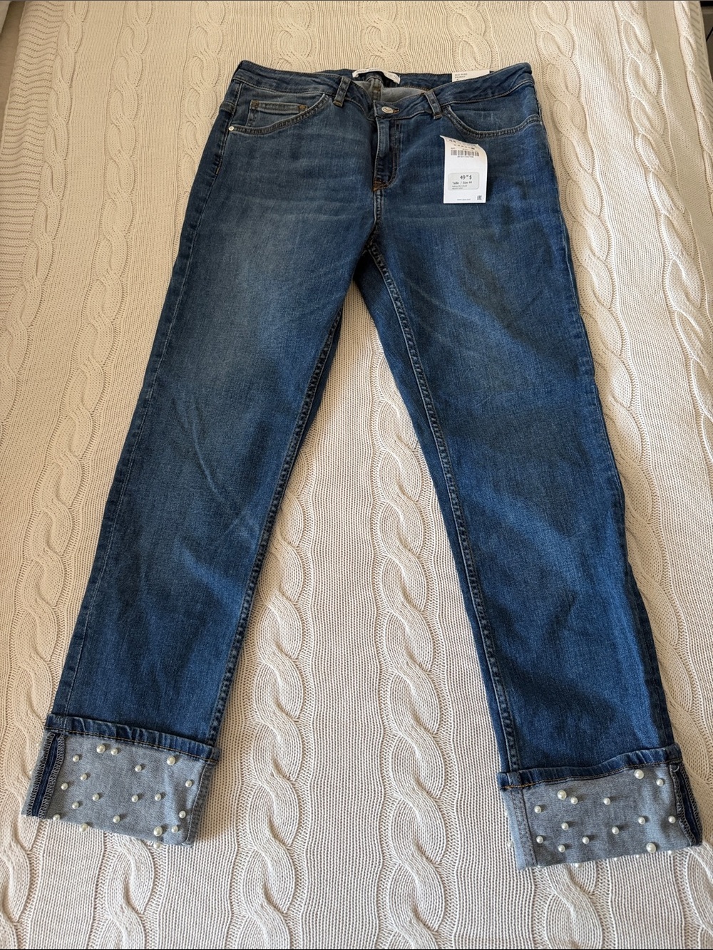 Zara Blue Pearl Embellished Cuff Skinny Jeans Size 12 NWT